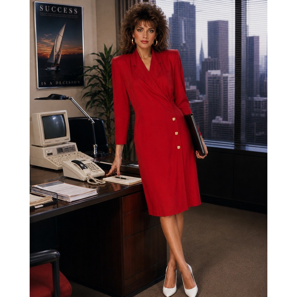 Leslie Fay 80s Petite Red Wrap Midi Dress Vintage Gold Button Career 6P